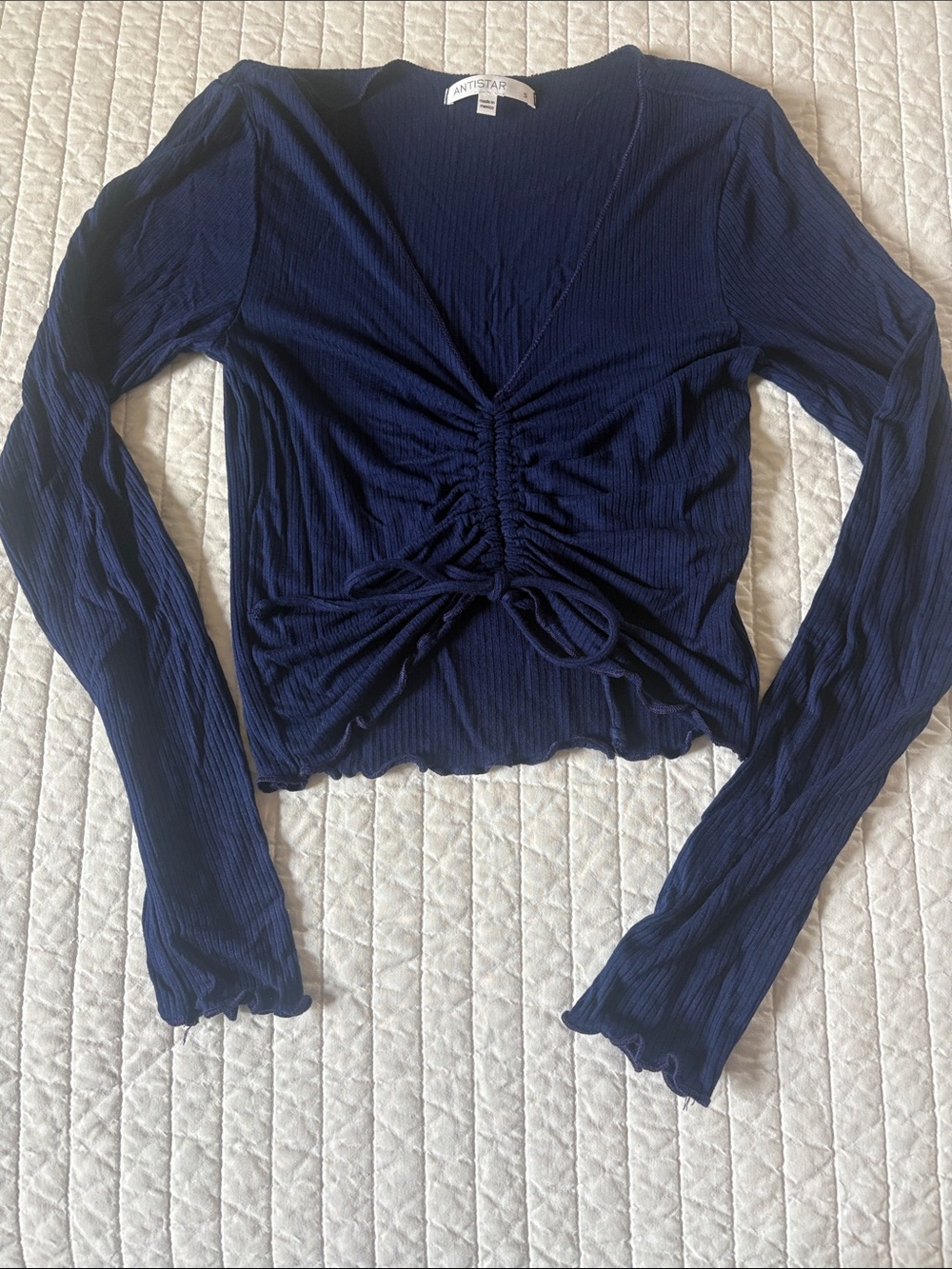 Navy Ruched Long-Sleeve Crop Top